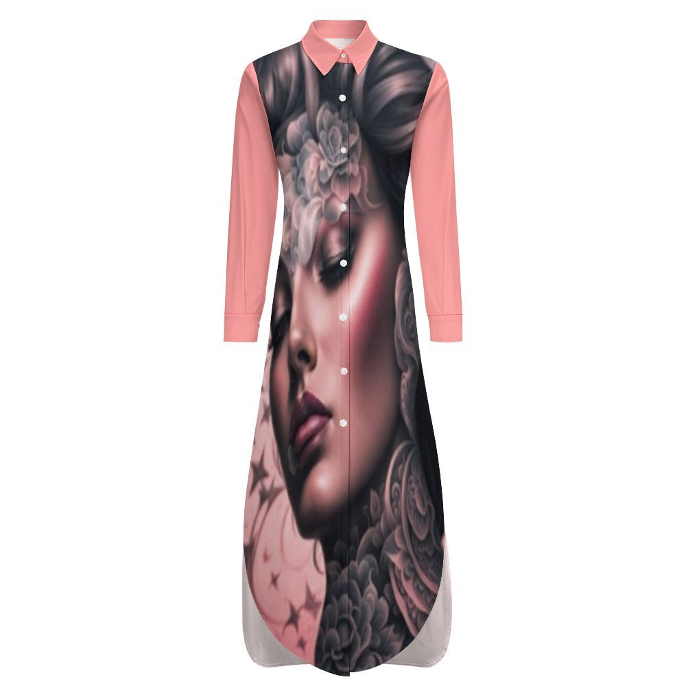 R&RH Pink Peach Button-Up Long Sleeve Women's Shirt Dress