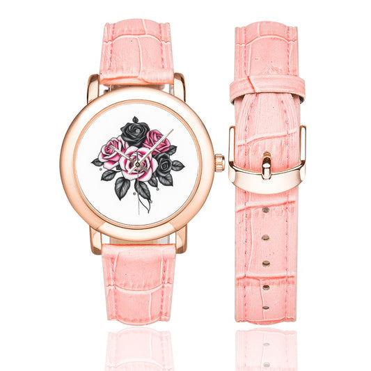 R&RH Pink Roses Womens Rose Gold Leather Strap Watch