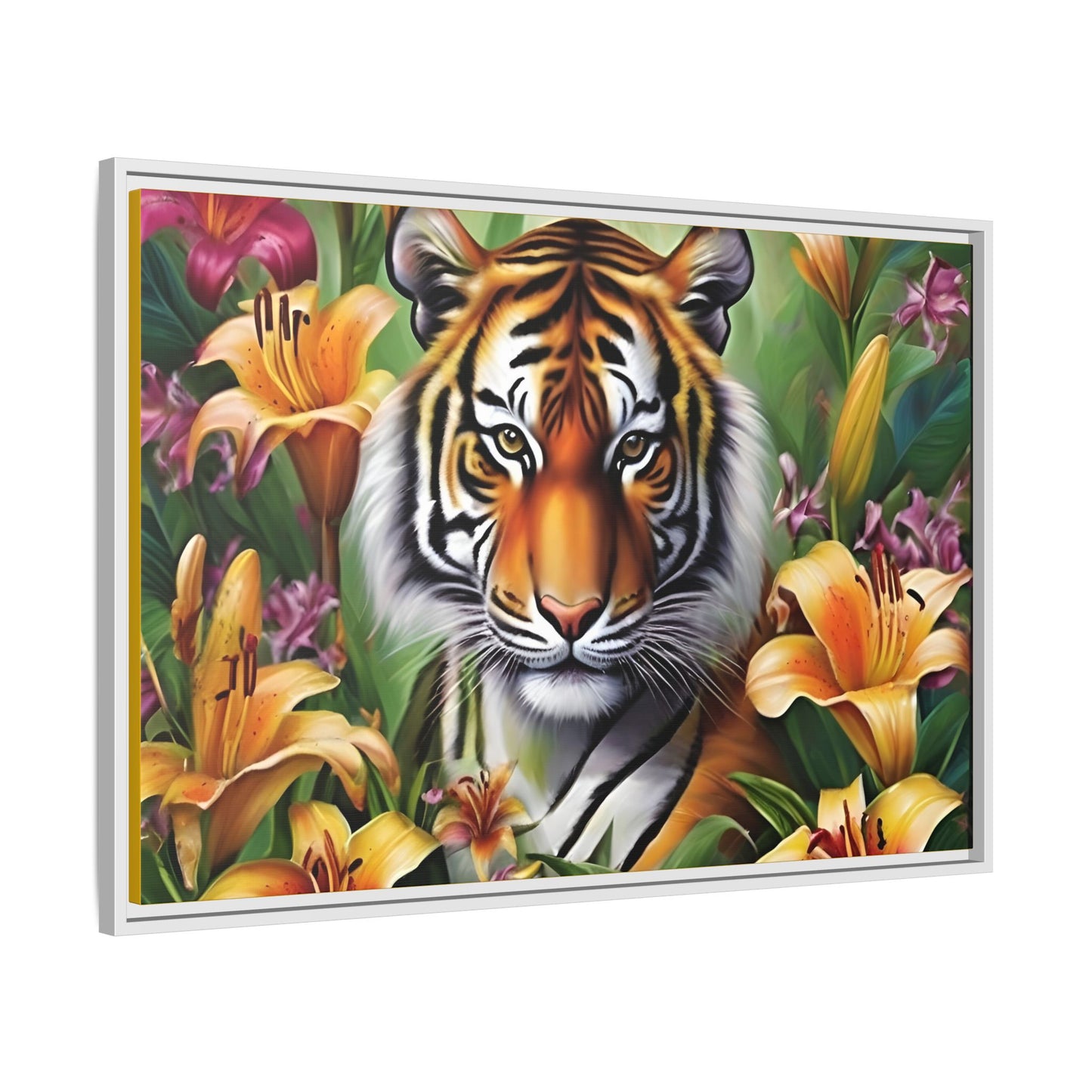 Majestic Tiger Framed Matte Canvas Art - Vibrant Floral Decor