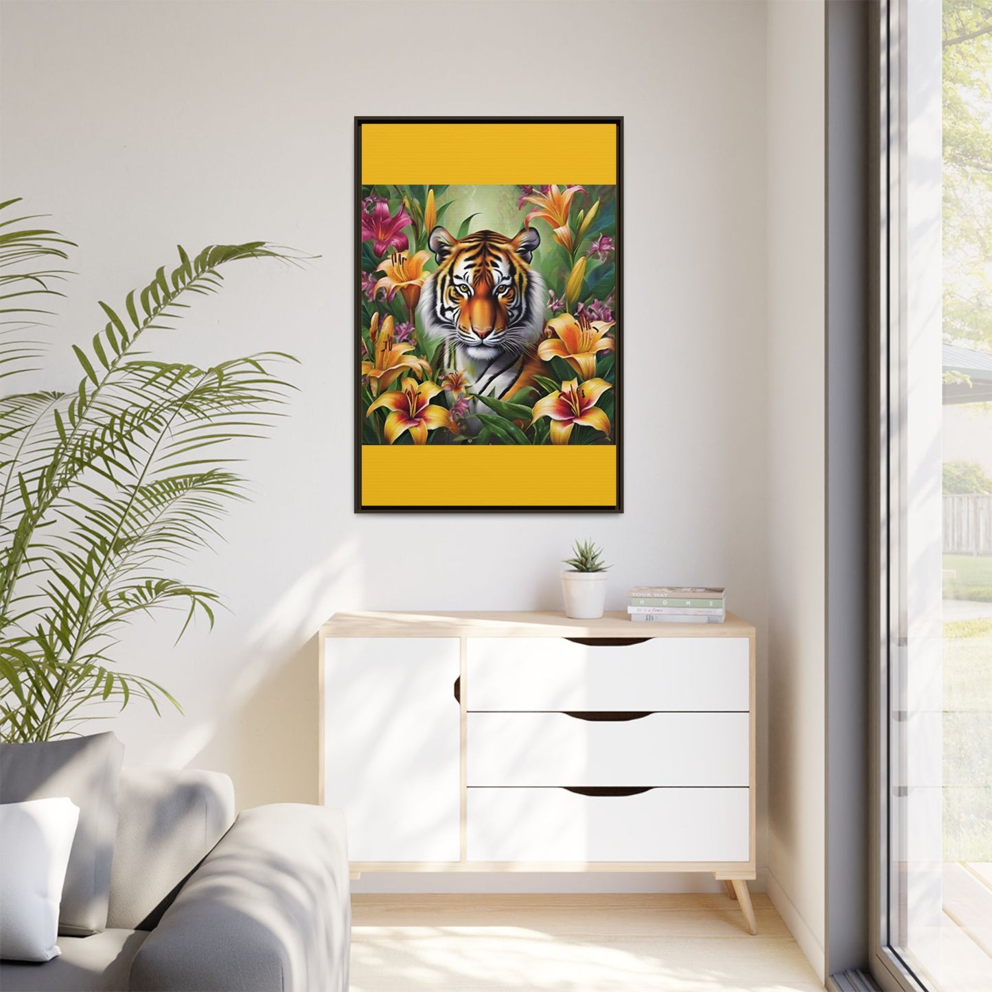 Majestic Tiger Framed Matte Canvas Art - Vibrant Floral Decor