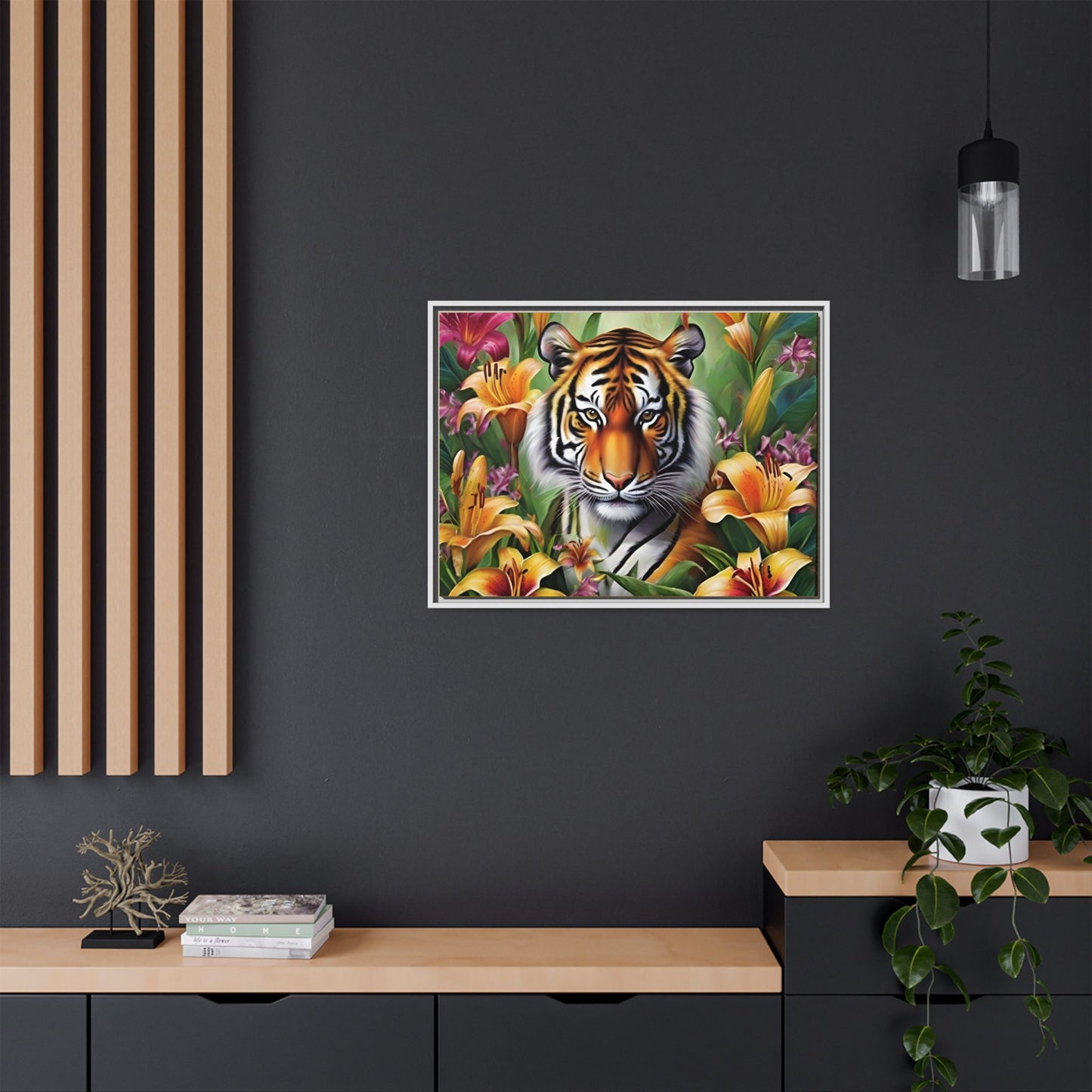 Majestic Tiger Framed Matte Canvas Art - Vibrant Floral Decor