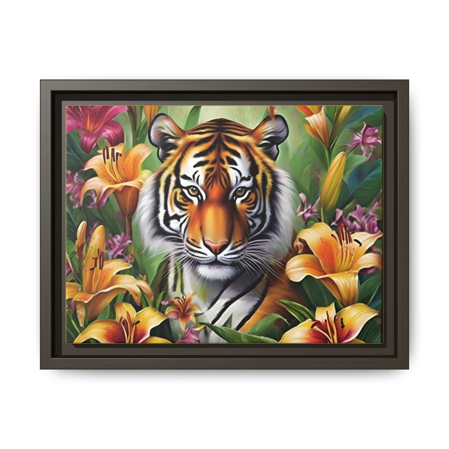 Majestic Tiger Framed Matte Canvas Art - Vibrant Floral Decor