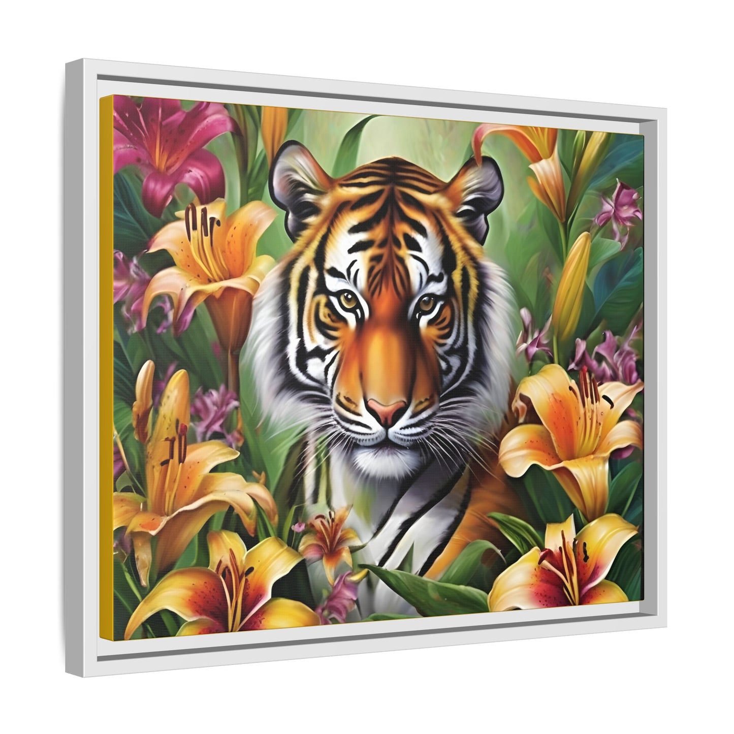 Majestic Tiger Framed Matte Canvas Art - Vibrant Floral Decor