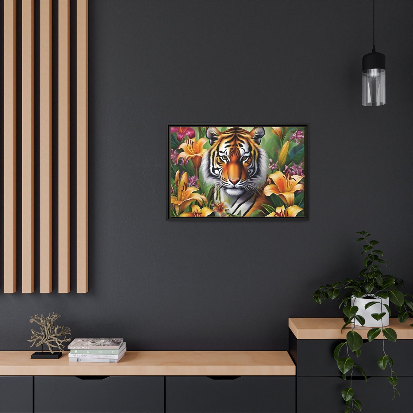 Majestic Tiger Framed Matte Canvas Art - Vibrant Floral Decor