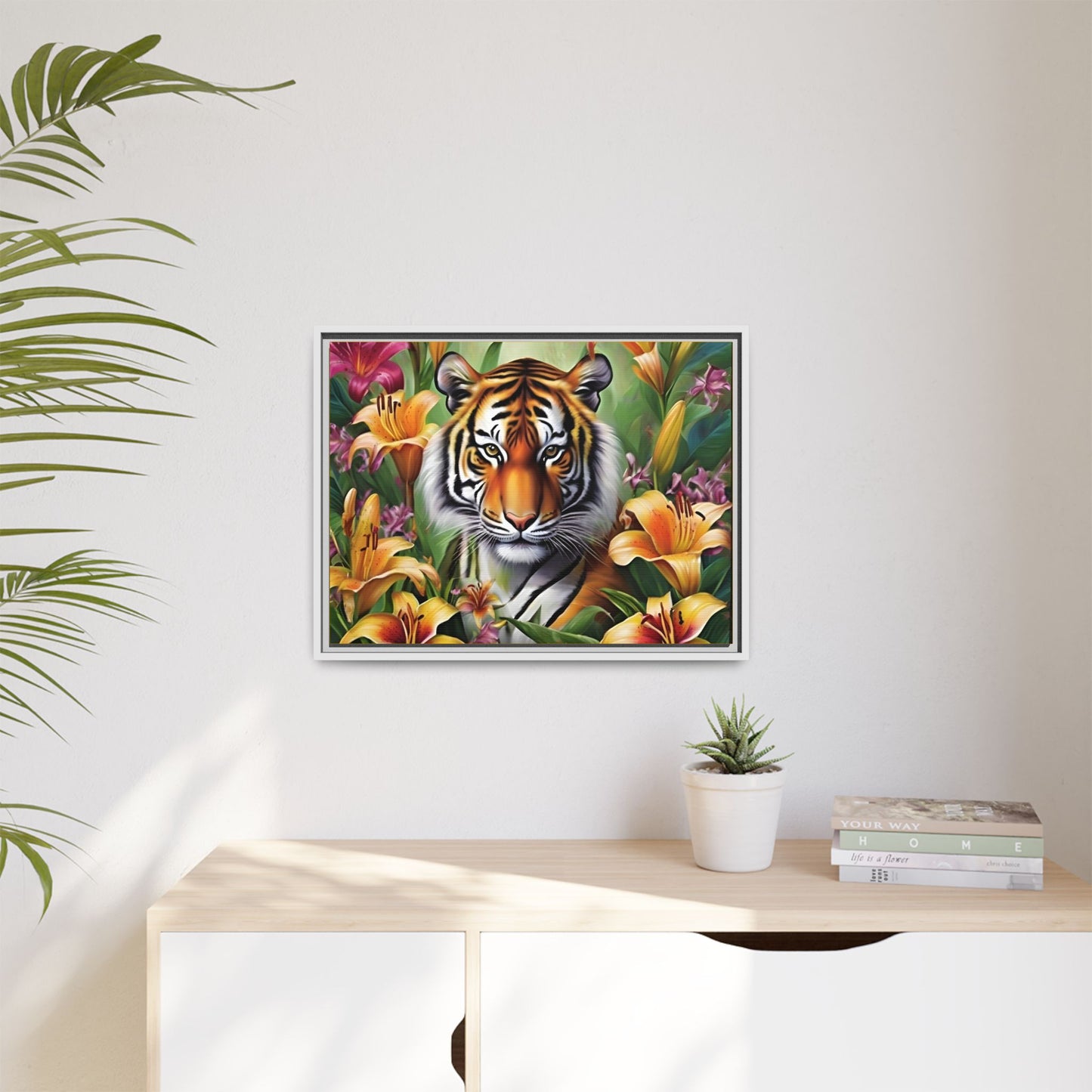 Majestic Tiger Framed Matte Canvas Art - Vibrant Floral Decor