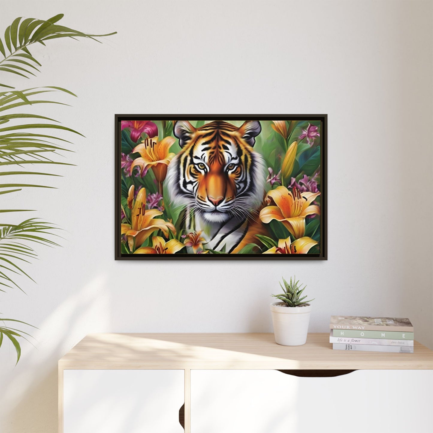 Majestic Tiger Framed Matte Canvas Art - Vibrant Floral Decor