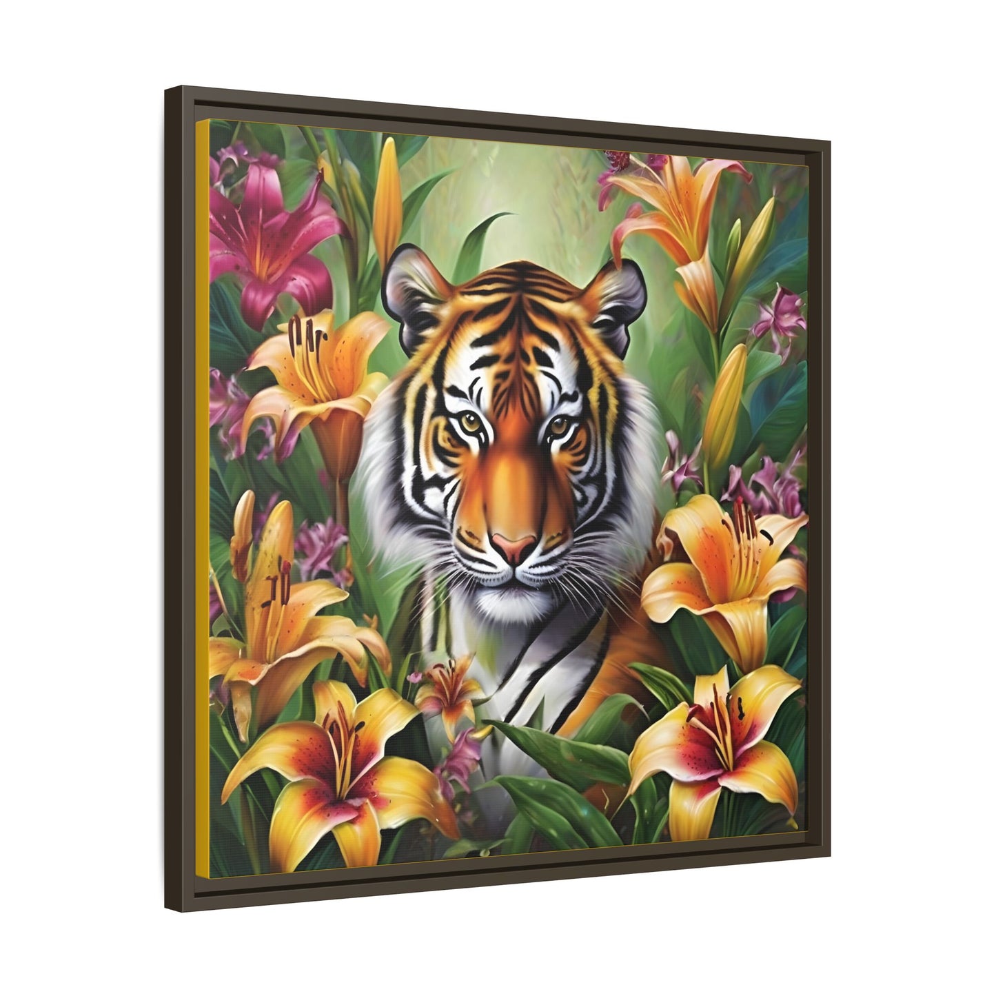 Majestic Tiger Framed Matte Canvas Art - Vibrant Floral Decor