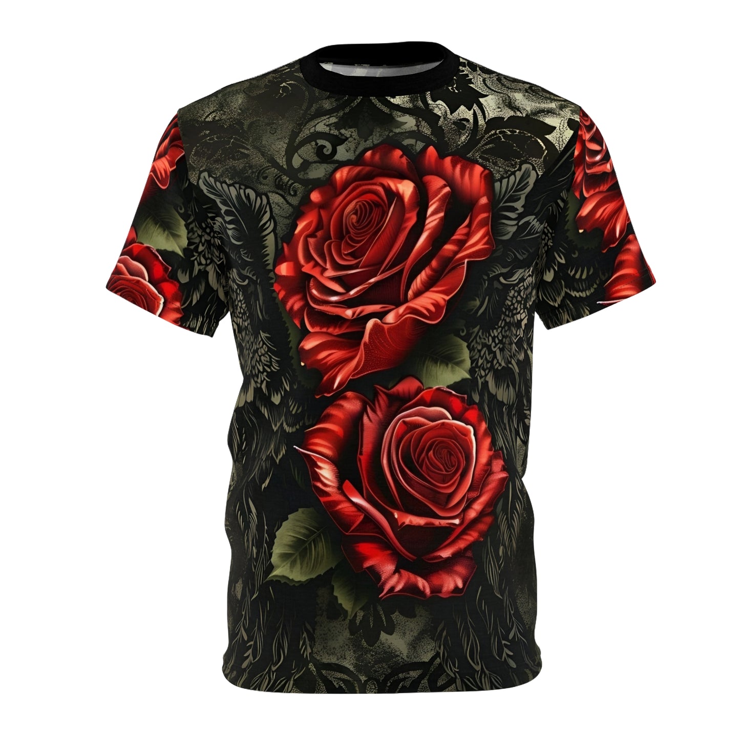 R&RH Vibrant Rose Wing Unisex Black Tee - Edgy Floral Graphic T-Shirt