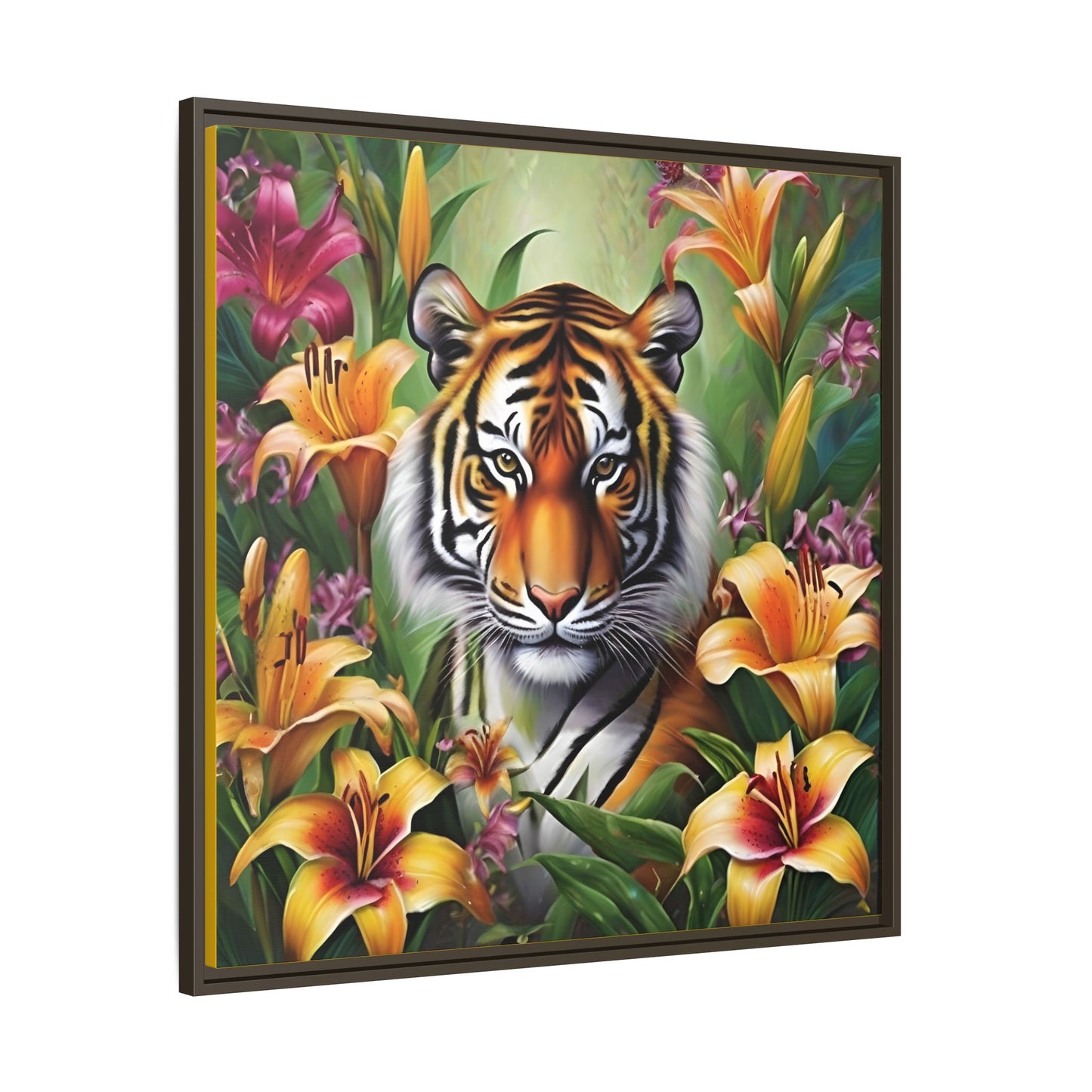 Majestic Tiger Framed Matte Canvas Art - Vibrant Floral Decor