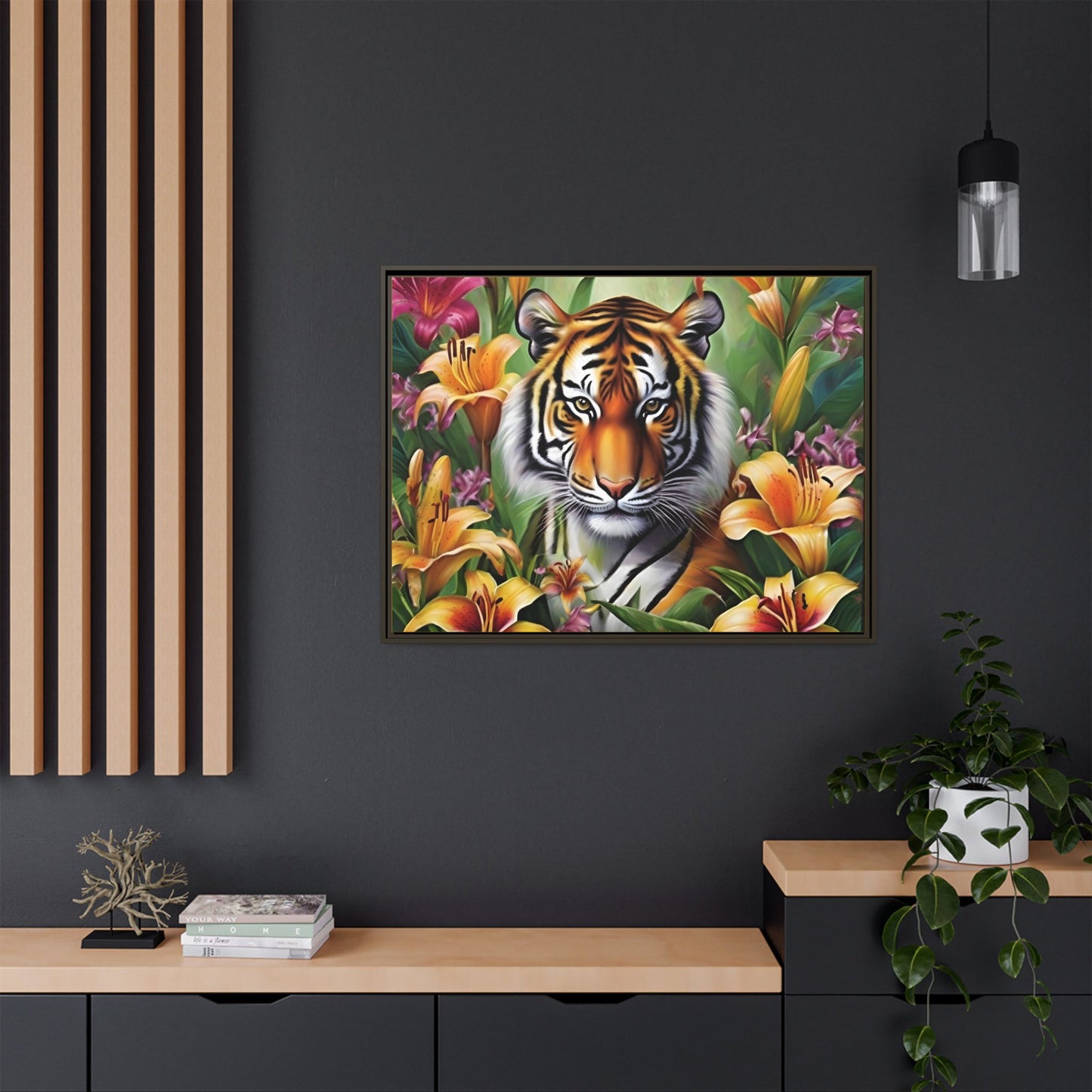 Majestic Tiger Framed Matte Canvas Art - Vibrant Floral Decor