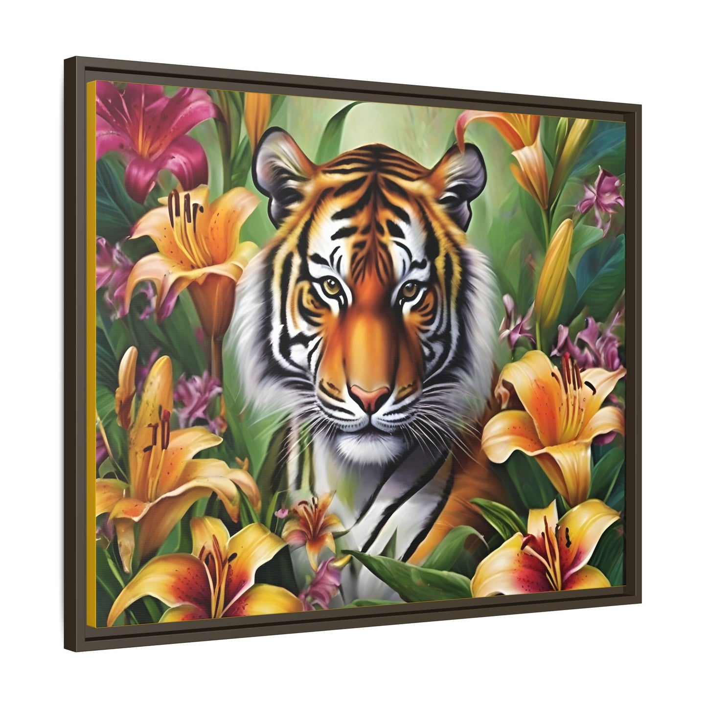 Majestic Tiger Framed Matte Canvas Art - Vibrant Floral Decor