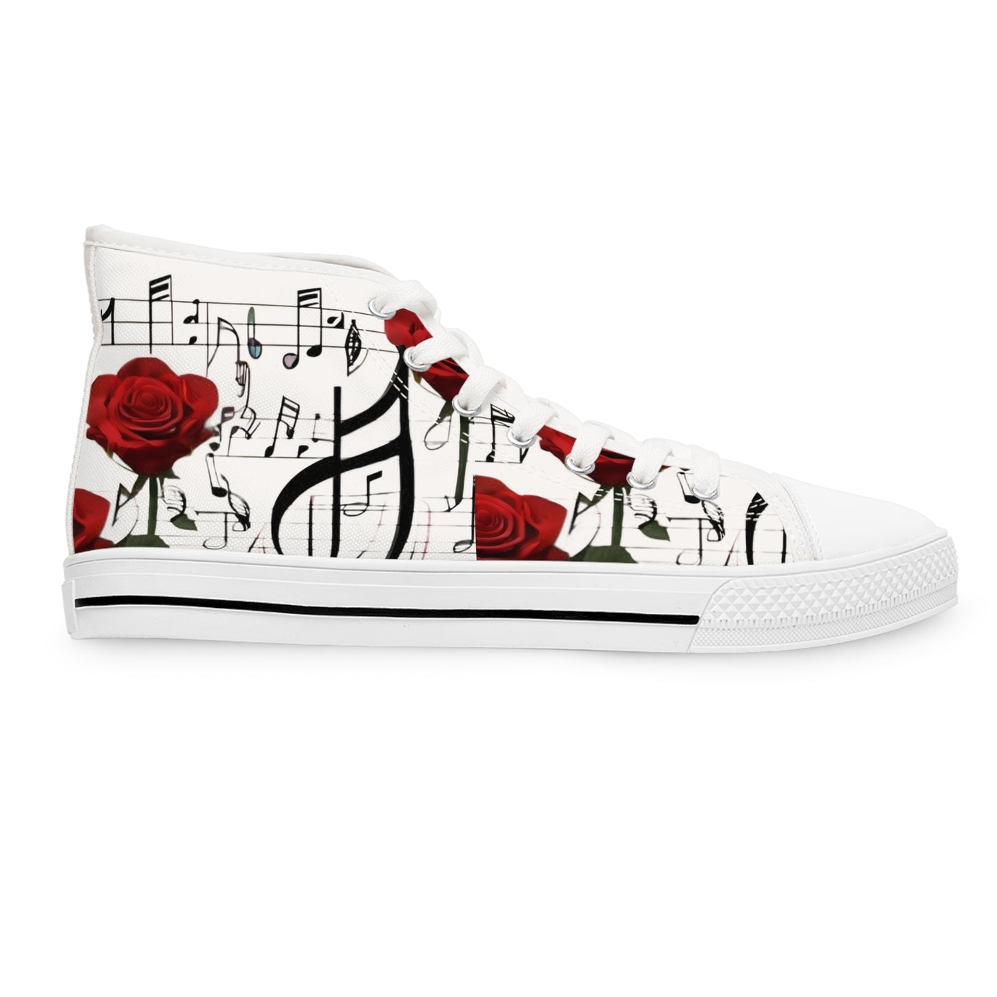 R&RH Elegant Music Note High Top White Sneakers with Rose Design