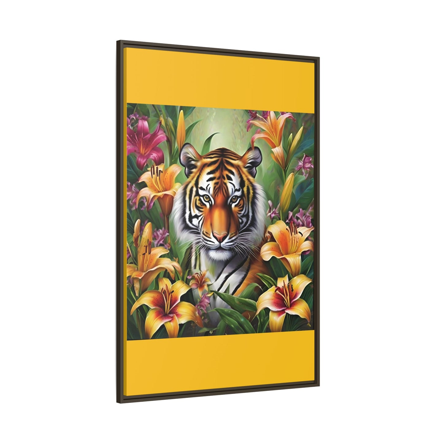 Majestic Tiger Framed Matte Canvas Art - Vibrant Floral Decor