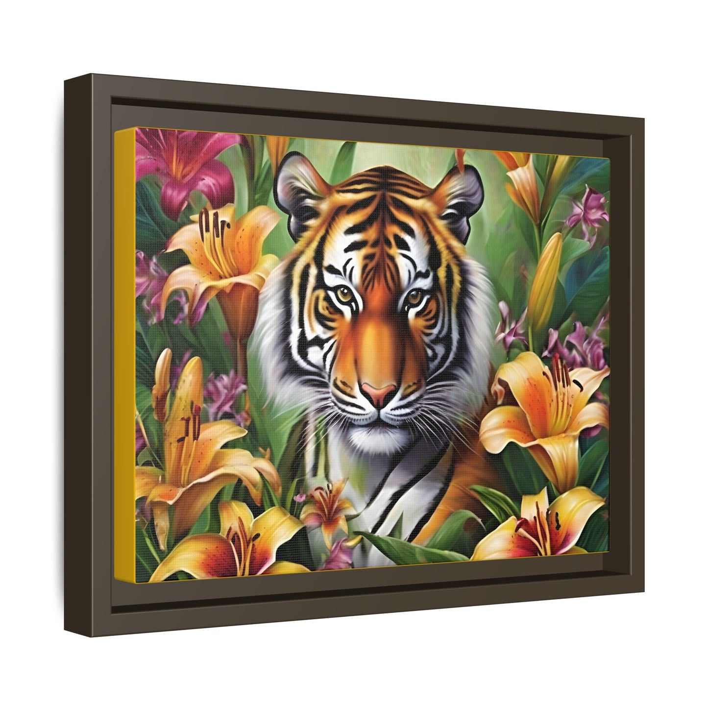 Majestic Tiger Framed Matte Canvas Art - Vibrant Floral Decor