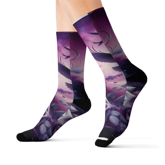 Artistic Sublimation Socks with Floral & Bird Design | Vibrant Printed Crew Socks for Unique Style