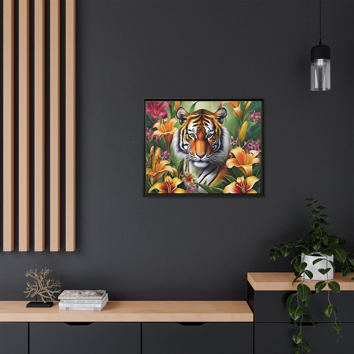 Majestic Tiger Framed Matte Canvas Art - Vibrant Floral Decor