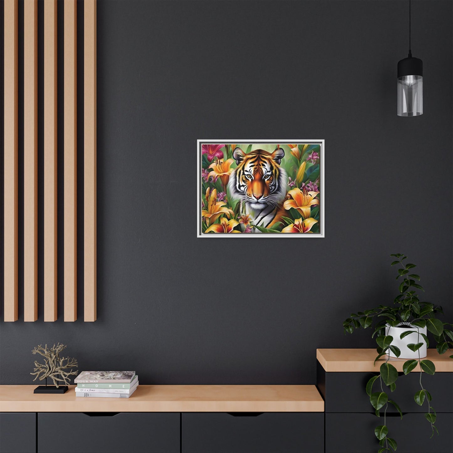 Majestic Tiger Framed Matte Canvas Art - Vibrant Floral Decor