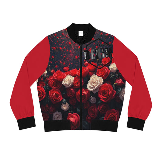 R&RH Red Floral Printed Women's Bomber Jacket - Stylish and Edgy Red Design