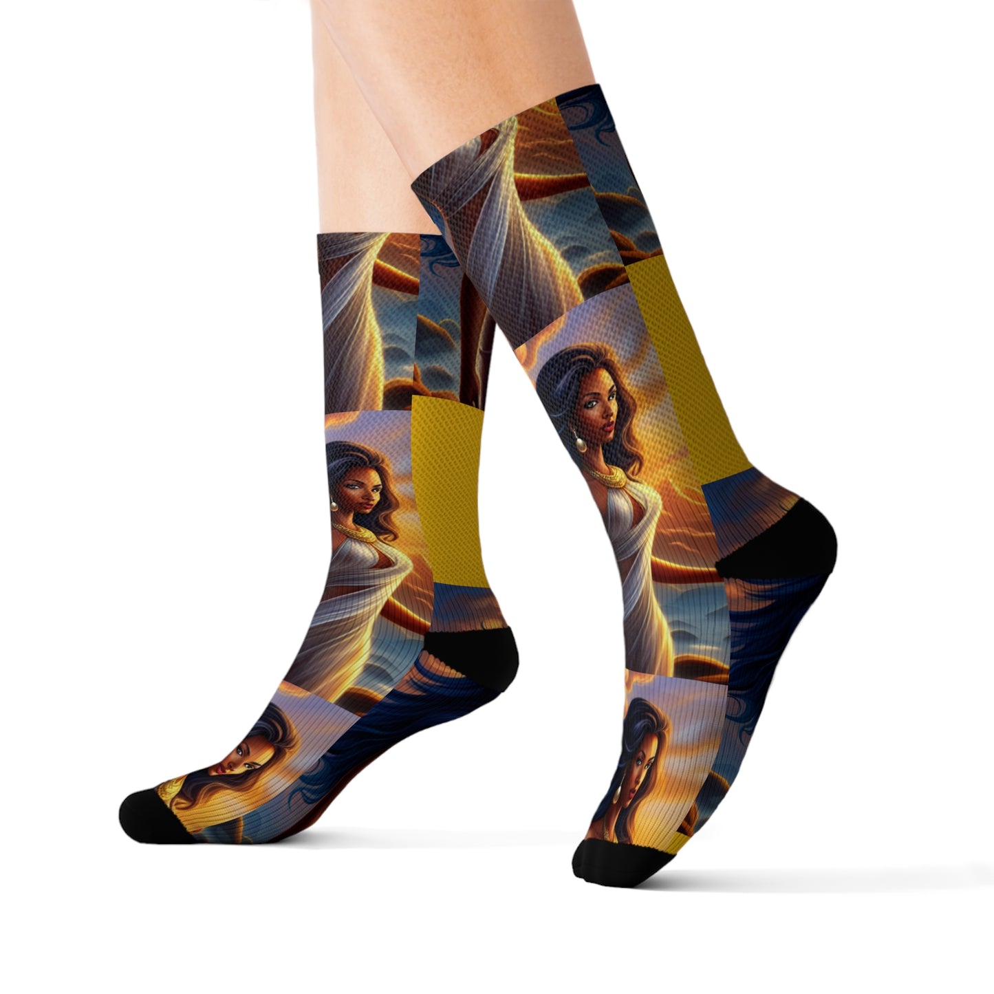 Sublimation Socks - R&RH Goddess Mustard Yellow Print, Comfortable and Stylish