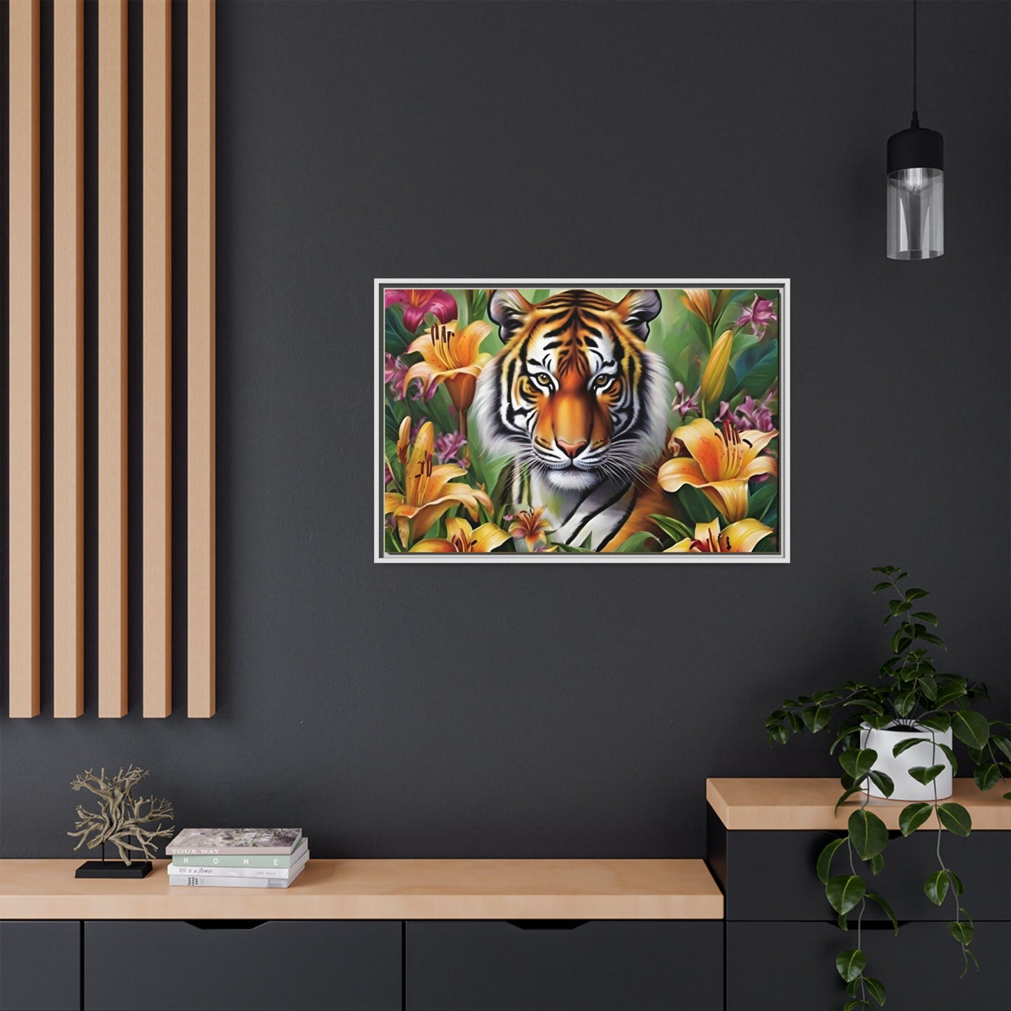 Majestic Tiger Framed Matte Canvas Art - Vibrant Floral Decor