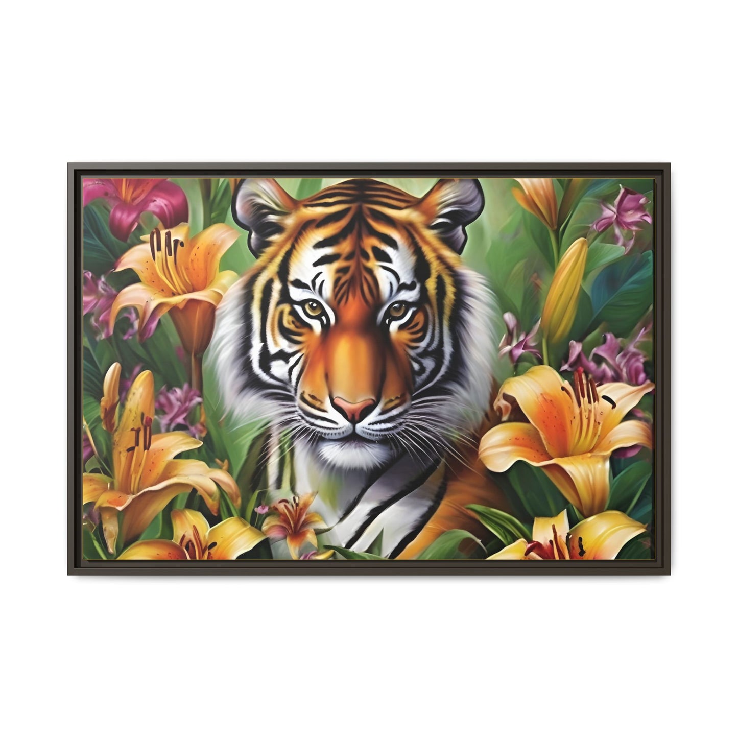 Majestic Tiger Framed Matte Canvas Art - Vibrant Floral Decor