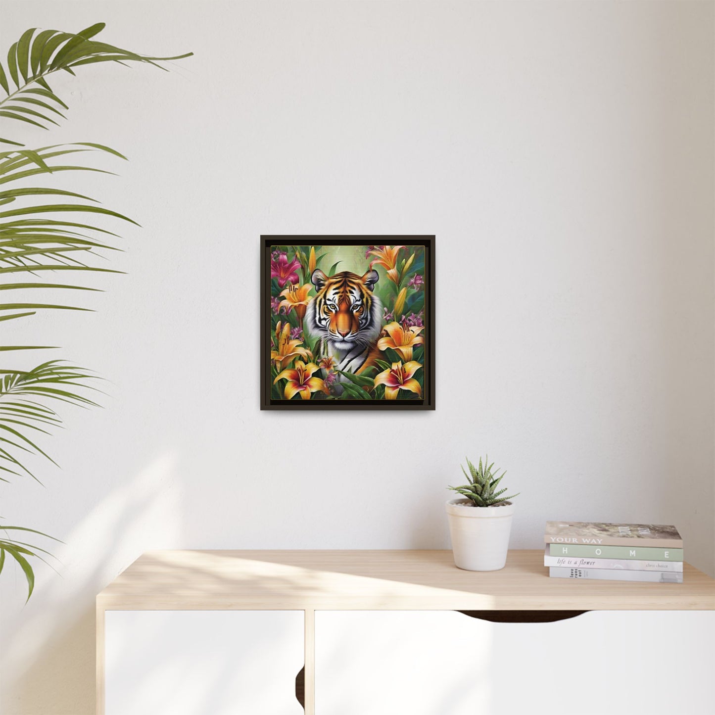 Majestic Tiger Framed Matte Canvas Art - Vibrant Floral Decor