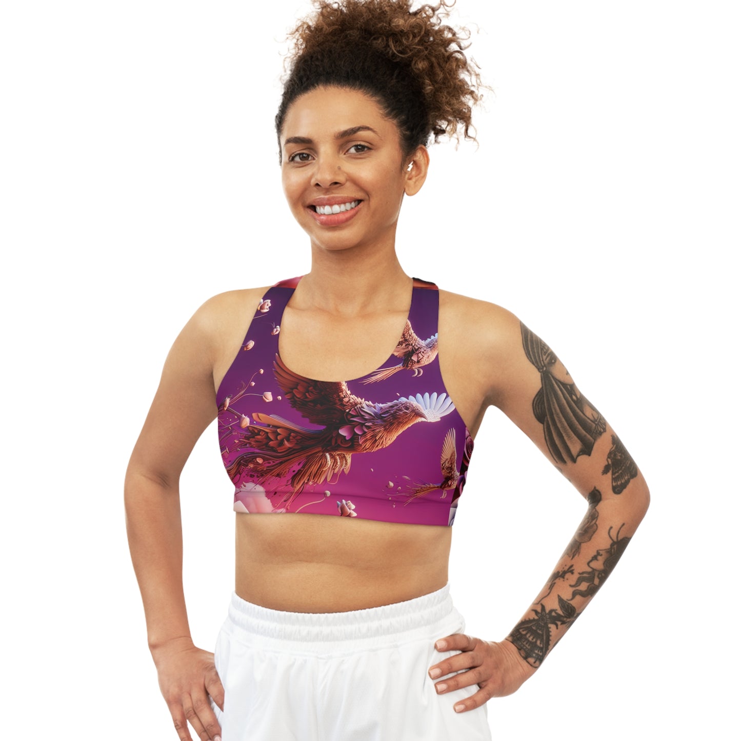 R&RH Pink Flowery Birds Phoenix Seamless Sports Bra - Vibrant Yoga & Fitness Activewear