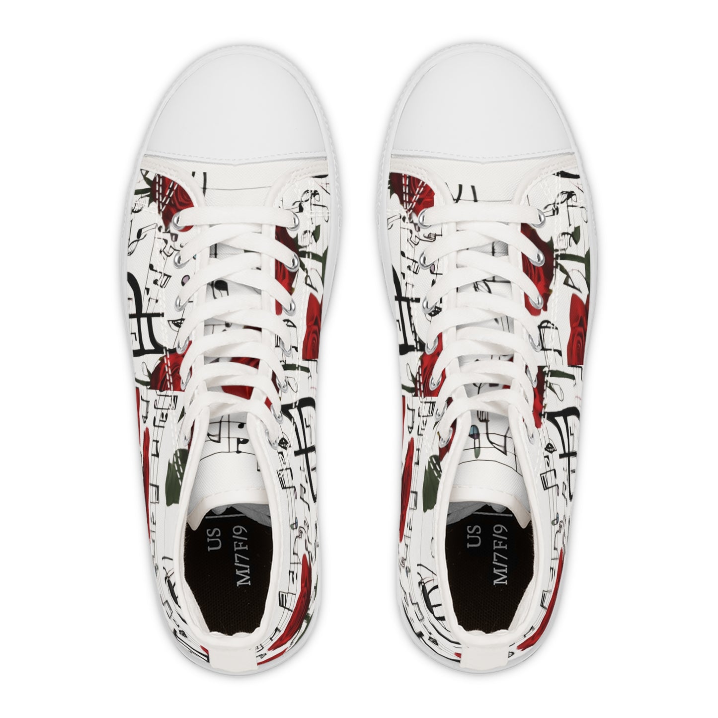 R&RH Elegant Music Note High Top White Sneakers with Rose Design