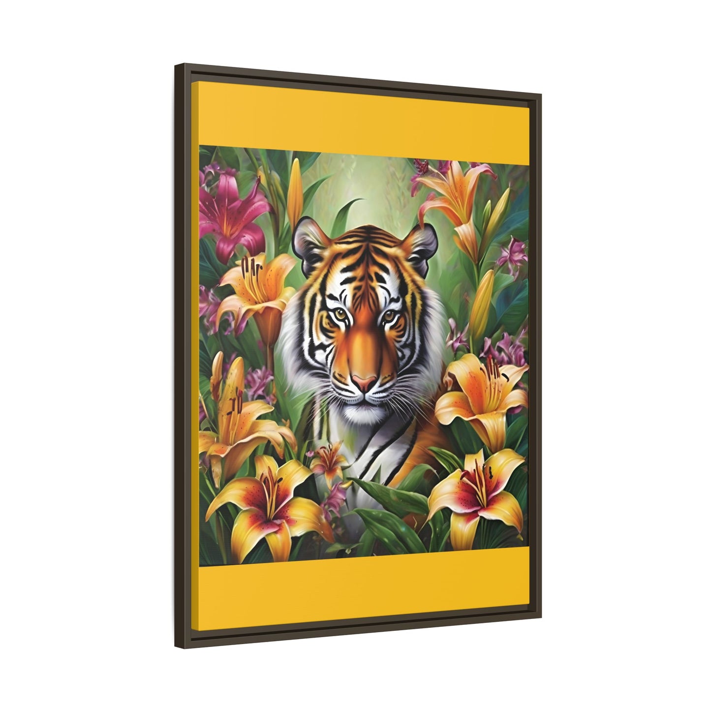 Majestic Tiger Framed Matte Canvas Art - Vibrant Floral Decor