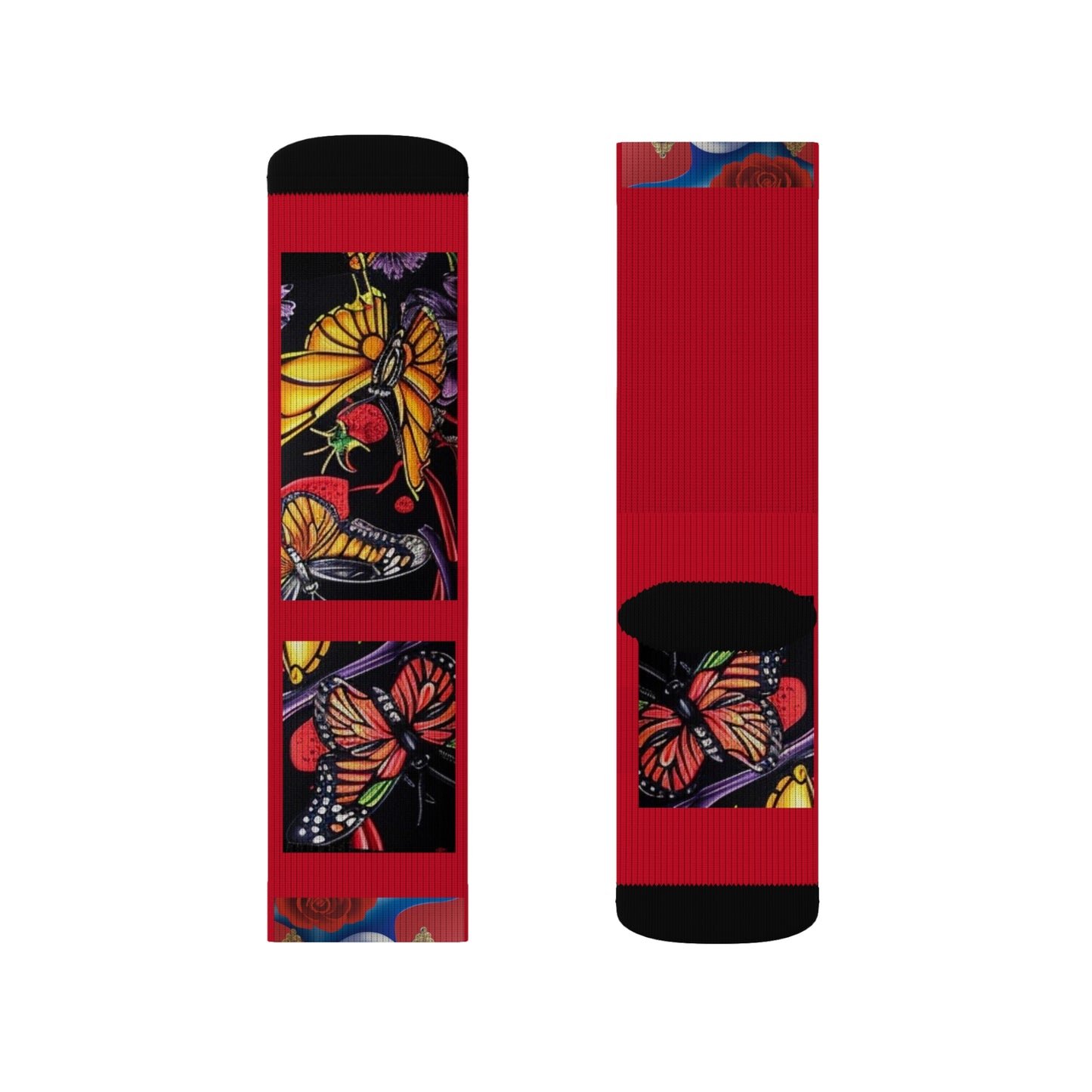 R&RH Red Vibrant Butterfly Artwork Socks – Colorful Sublimation Design for Stylish Comfort