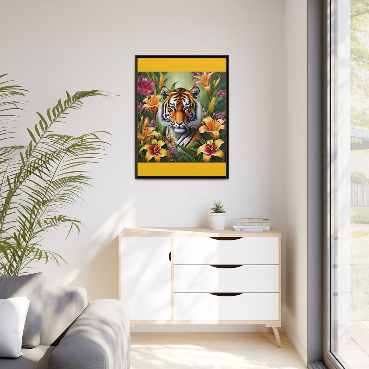 Majestic Tiger Framed Matte Canvas Art - Vibrant Floral Decor