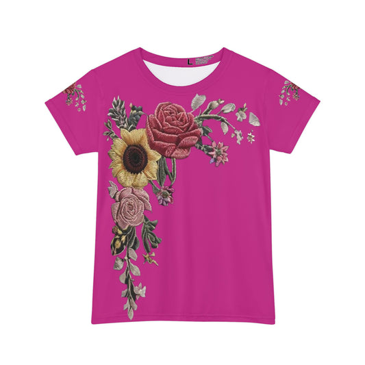 R&RH Floral Embroidered Women's Short Sleeve Shirt - Vibrant Pink All Occasion Top