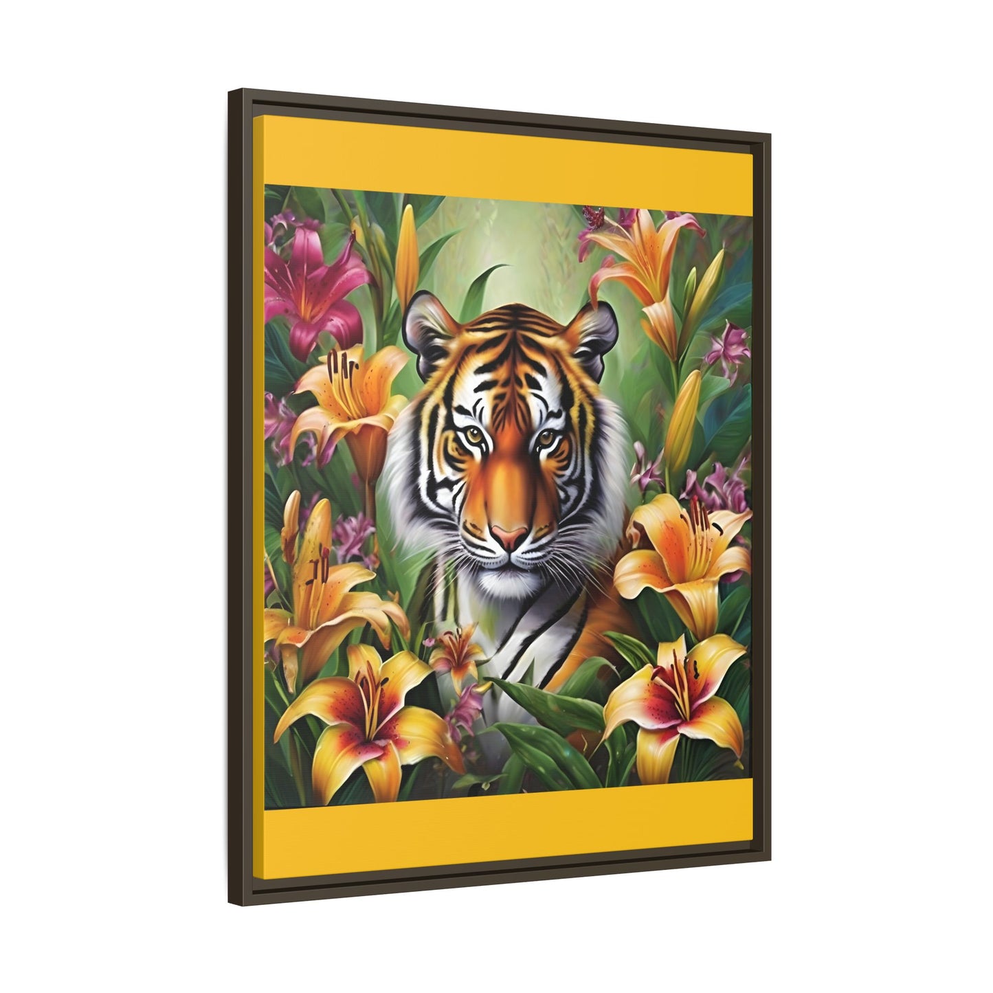 Majestic Tiger Framed Matte Canvas Art - Vibrant Floral Decor