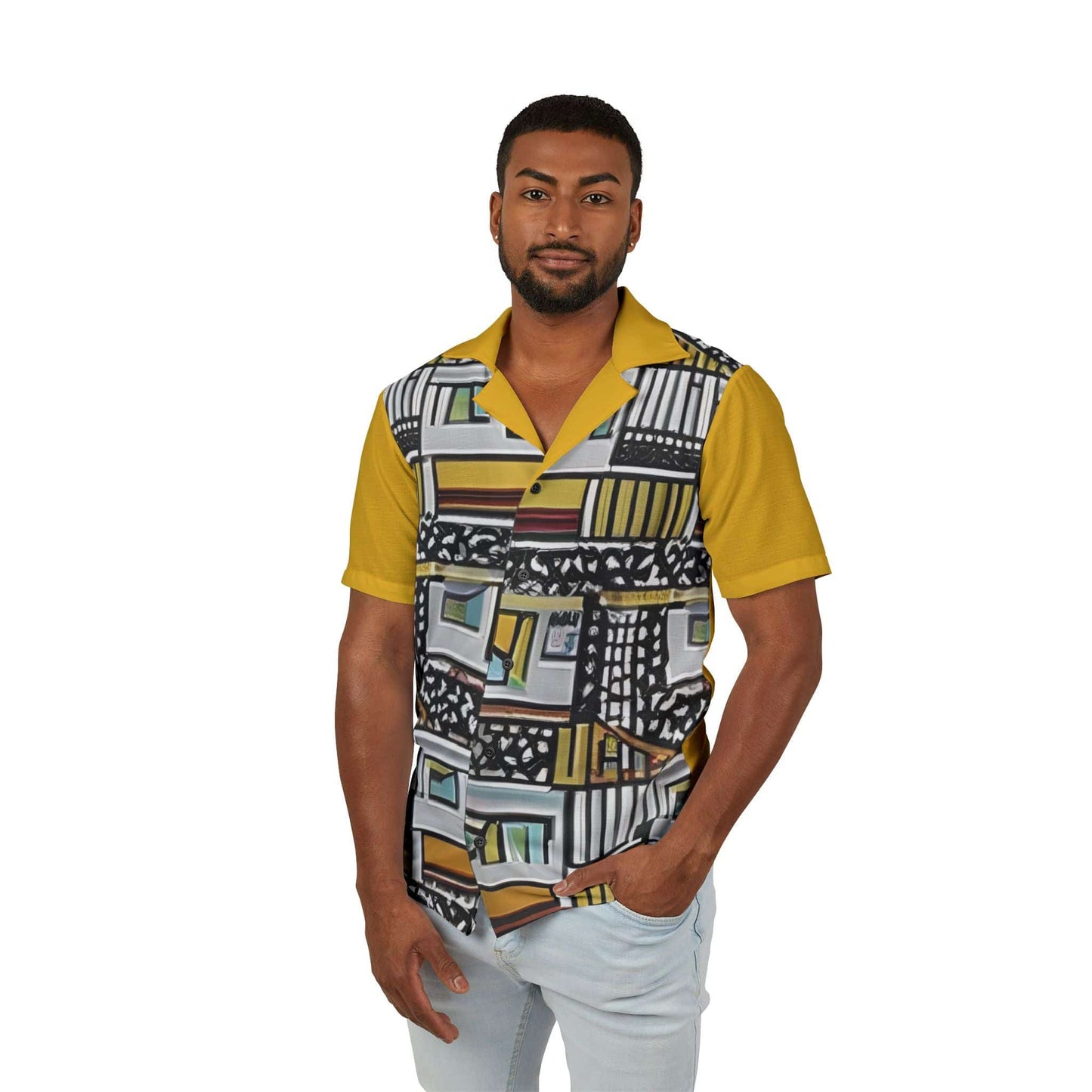 R&RH Yellow Stylish Men's Hawaiian Camp Shirt - Vibrant Tropical Print for Casual Summer Vibes