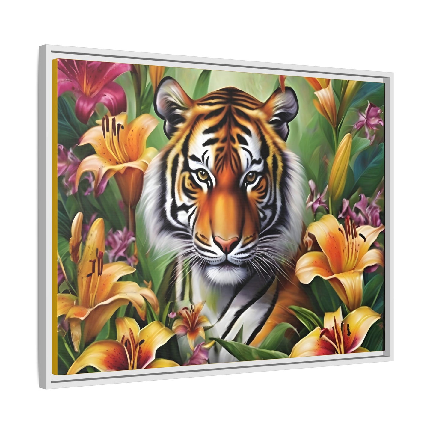 Majestic Tiger Framed Matte Canvas Art - Vibrant Floral Decor