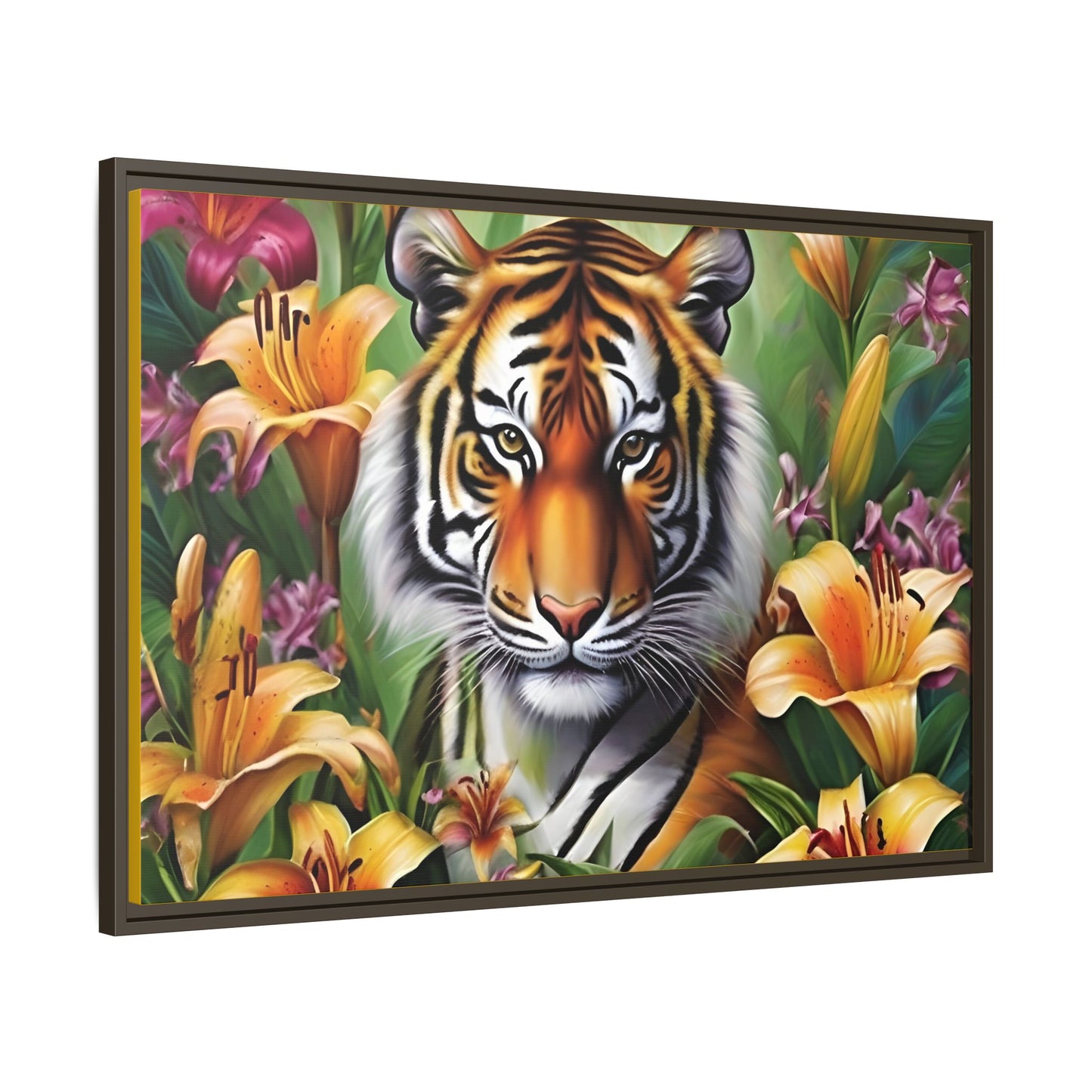 Majestic Tiger Framed Matte Canvas Art - Vibrant Floral Decor