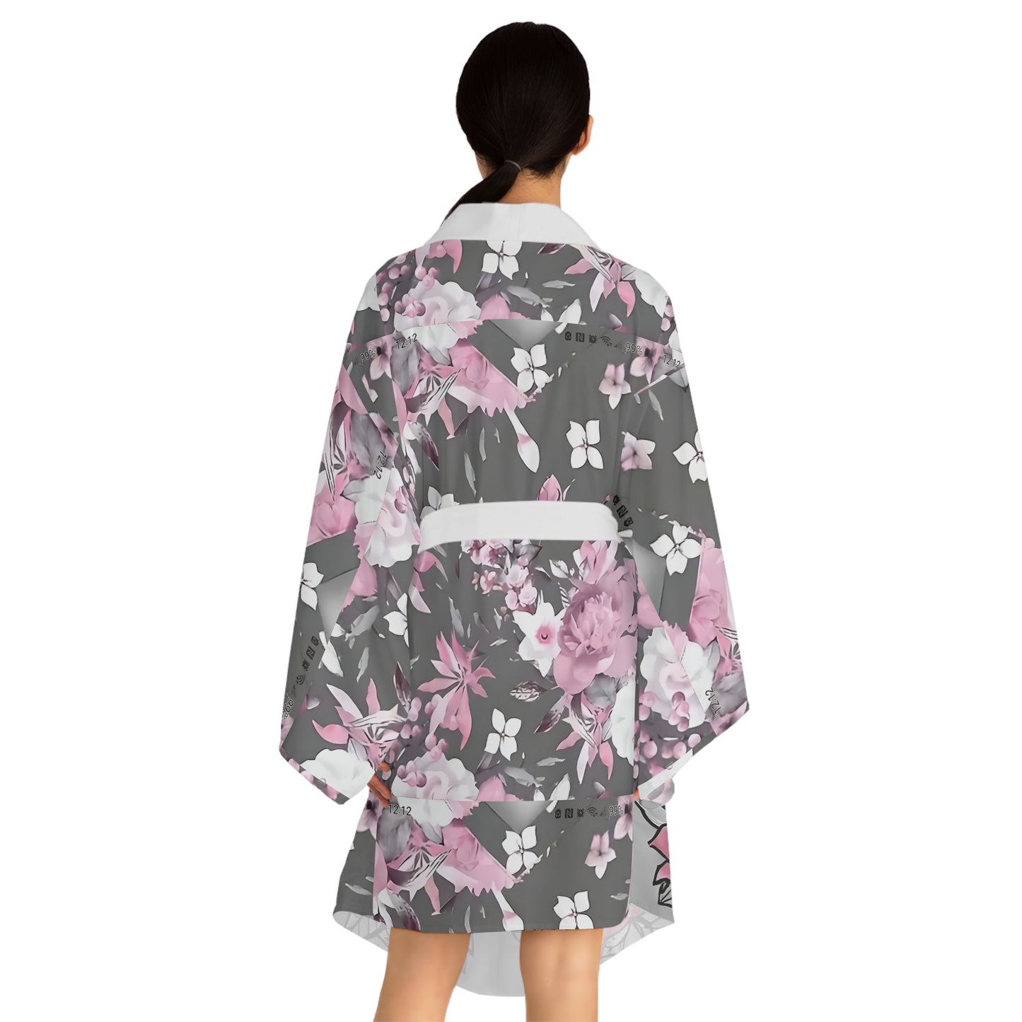 R&RH Pink Floral Kimono Womens Robe - Elegant Long Sleeve Loungewear for Relaxation or Special Occasions