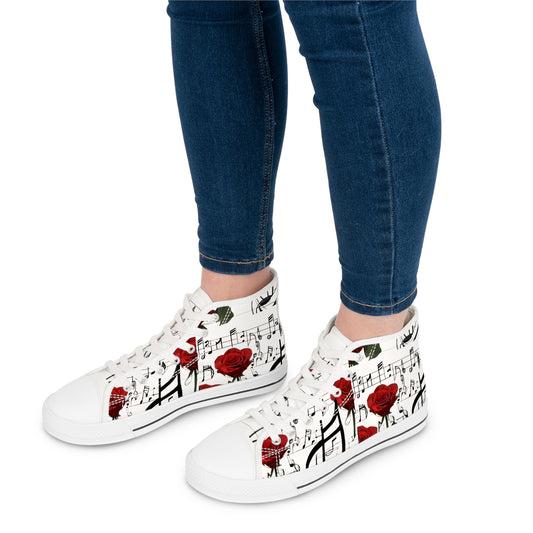 R&RH Elegant Music Note High Top White Sneakers with Rose Design