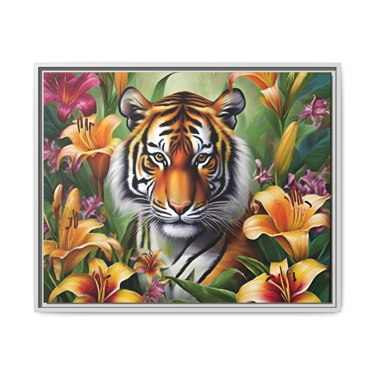 Majestic Tiger Framed Matte Canvas Art - Vibrant Floral Decor