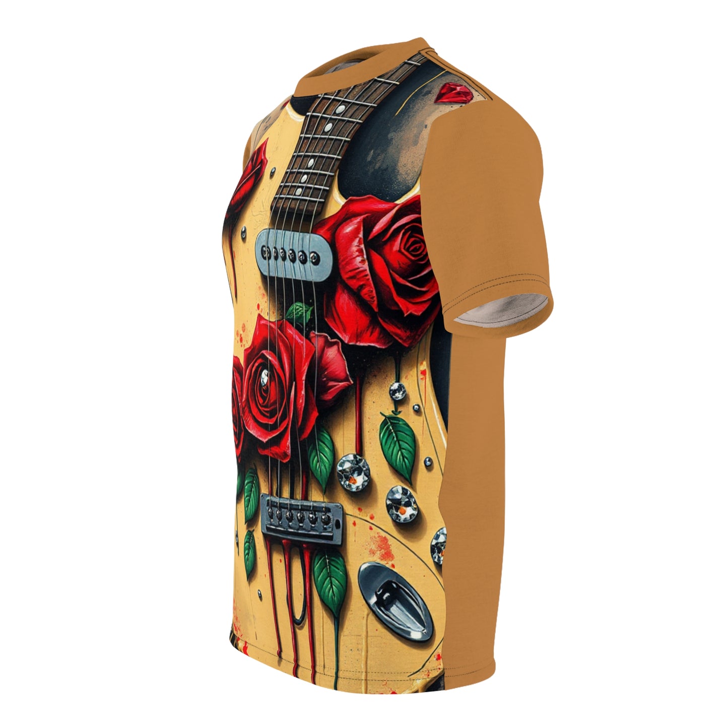 R&RH Brown Guitar & Roses Unisex Tee – Edgy Music Apparel for Rock Lovers