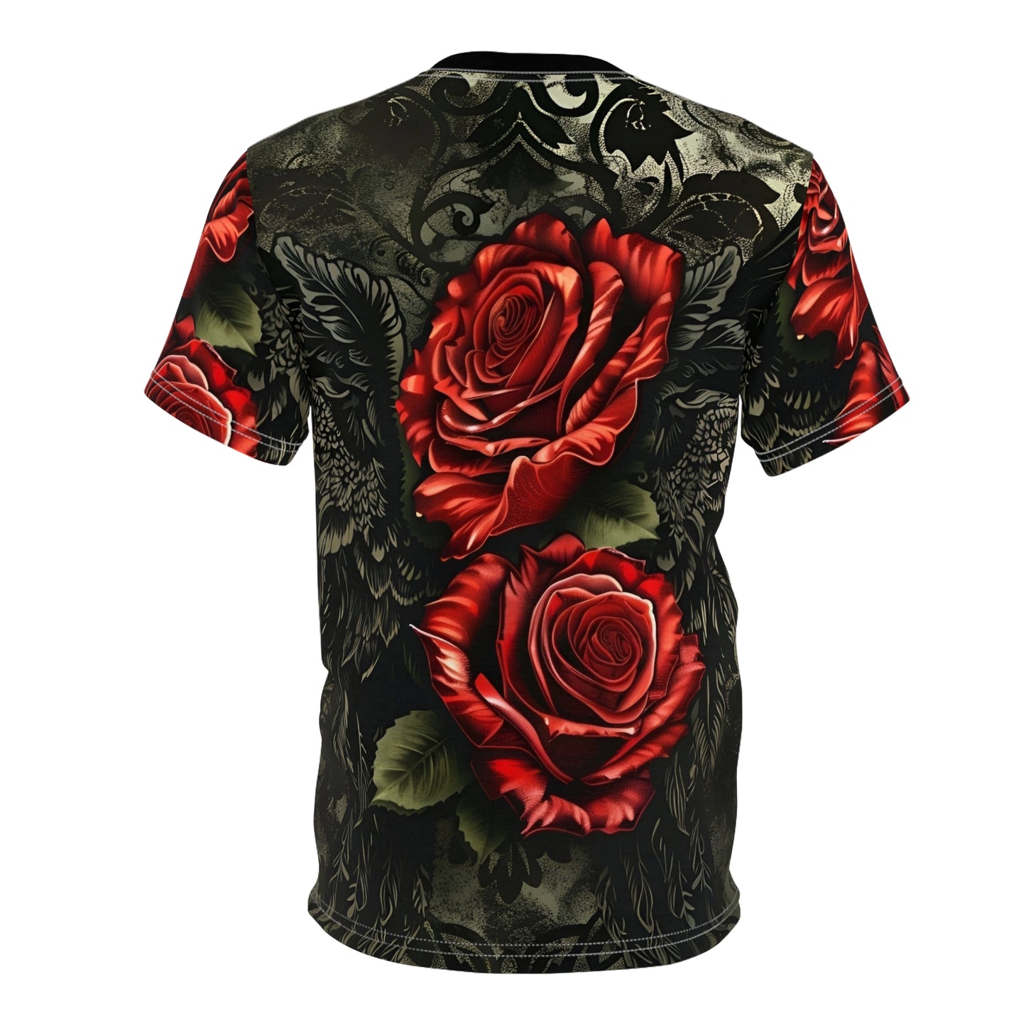 R&RH Vibrant Rose Wing Unisex Black Tee - Edgy Floral Graphic T-Shirt