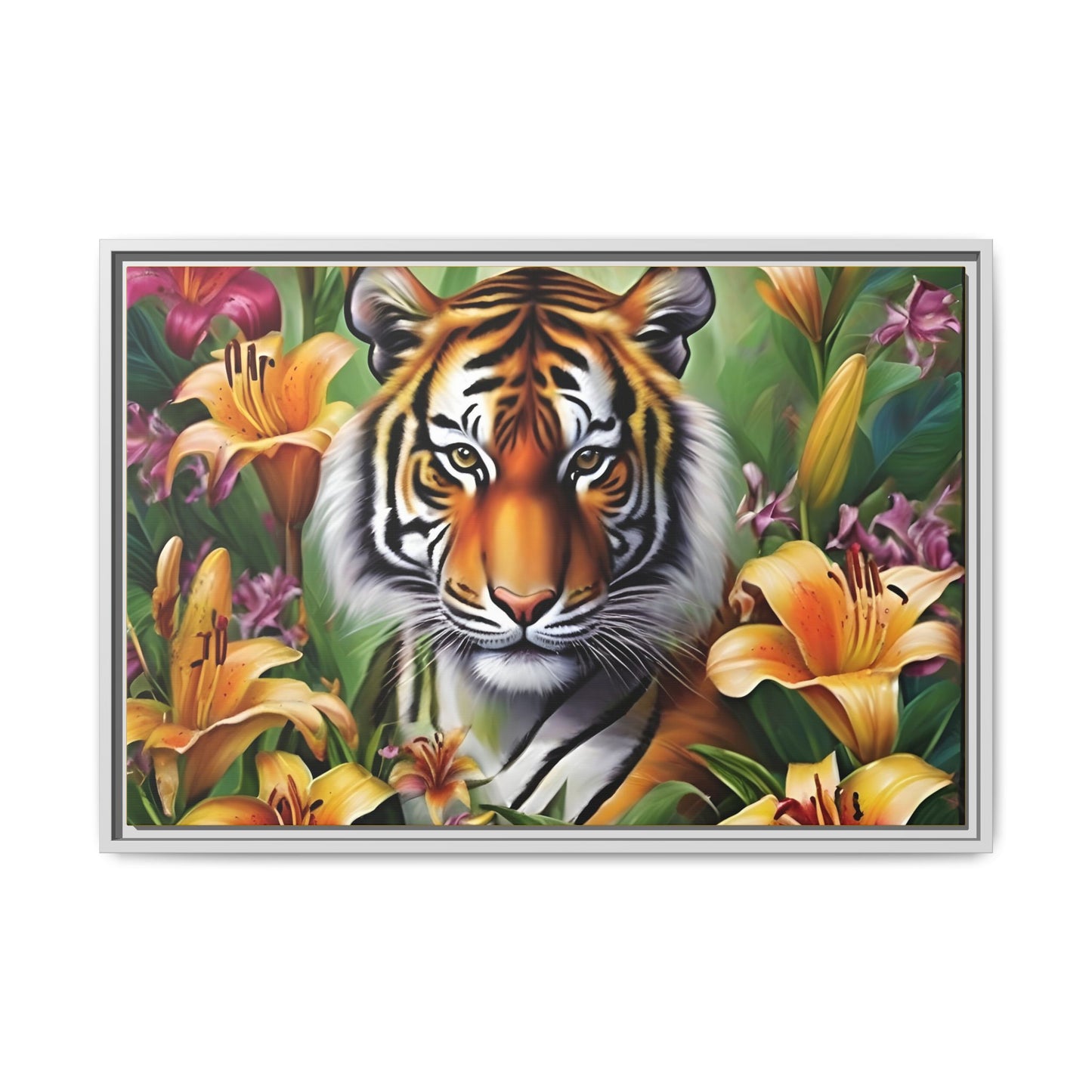 Majestic Tiger Framed Matte Canvas Art - Vibrant Floral Decor