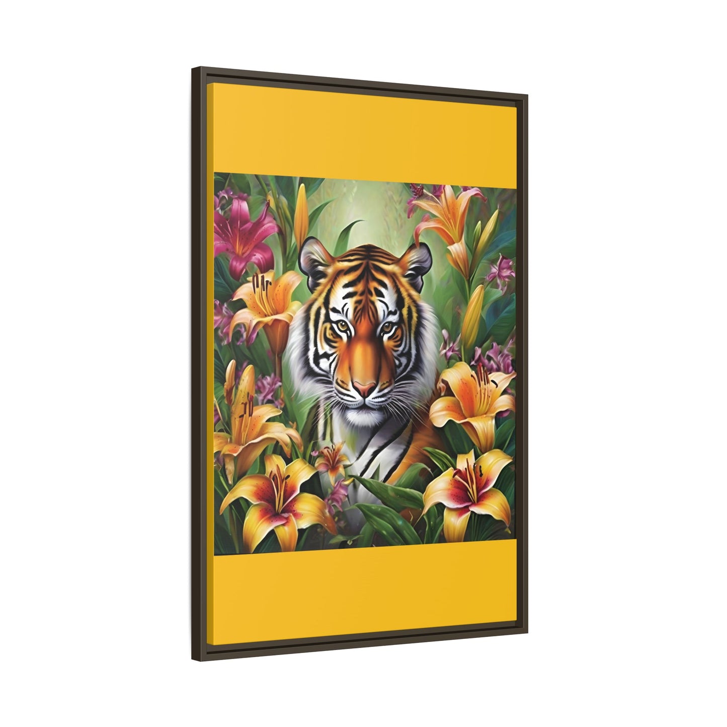 Majestic Tiger Framed Matte Canvas Art - Vibrant Floral Decor