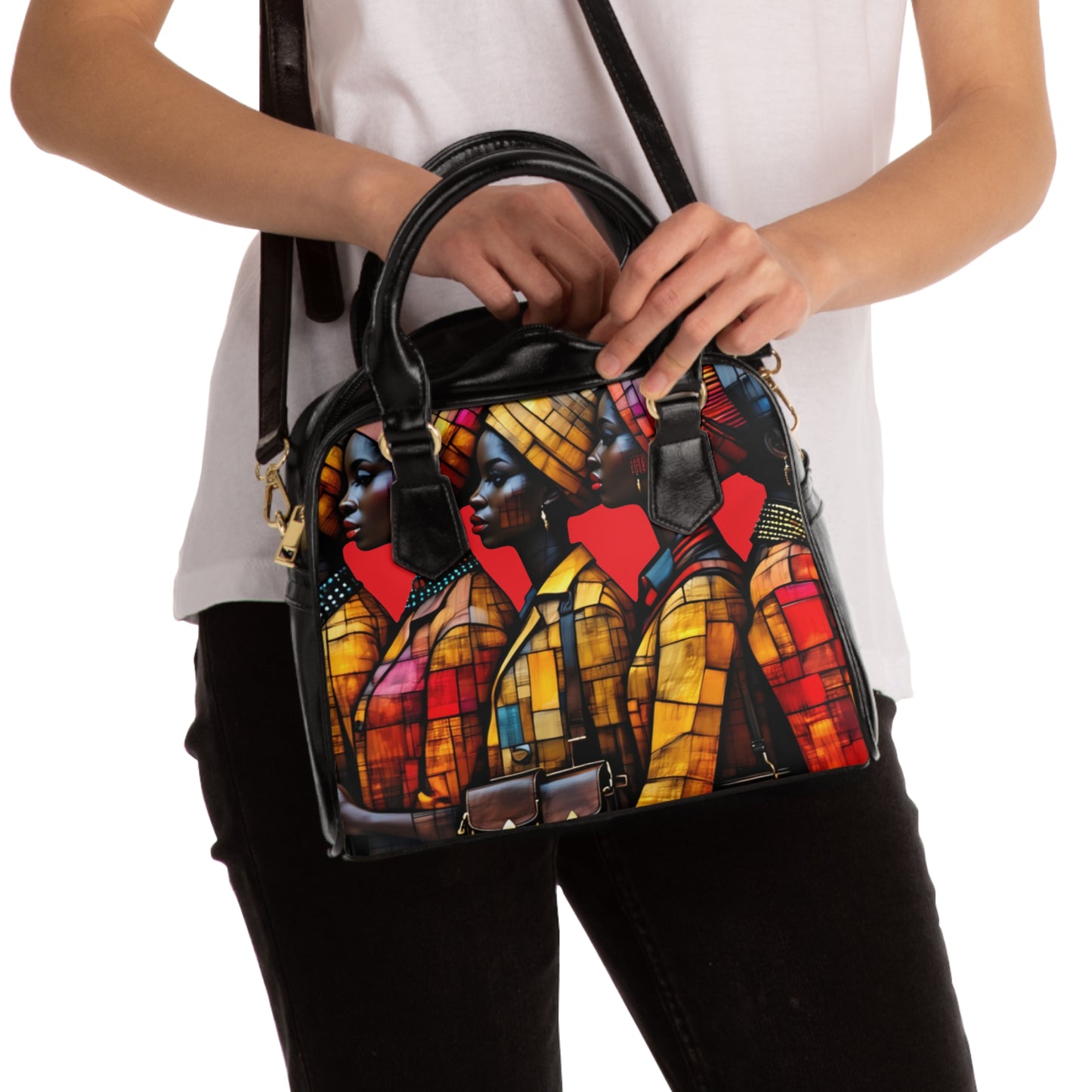 R&RH Vibrant African Art Womens Black Multi Shoulder Handbag - Stylish and Unique Tote for Cultural Enthusiasts