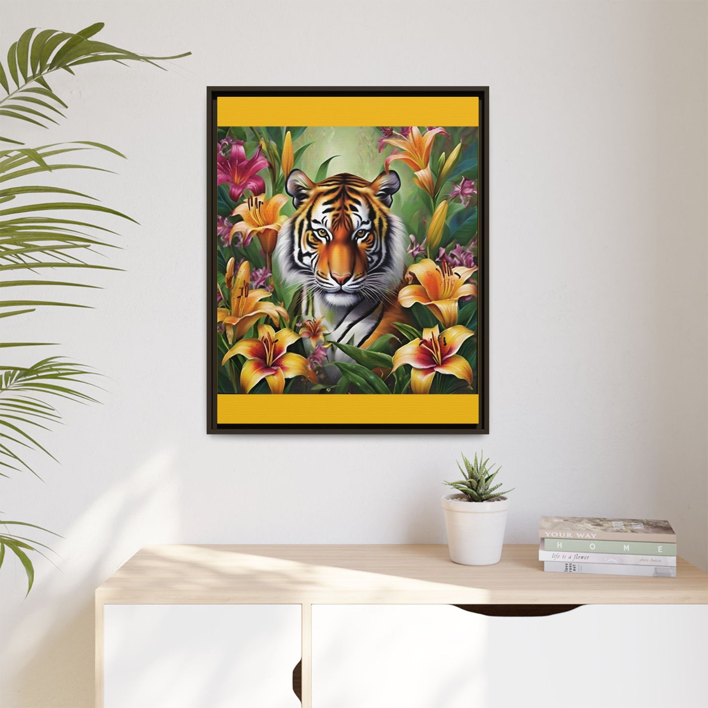 Majestic Tiger Framed Matte Canvas Art - Vibrant Floral Decor