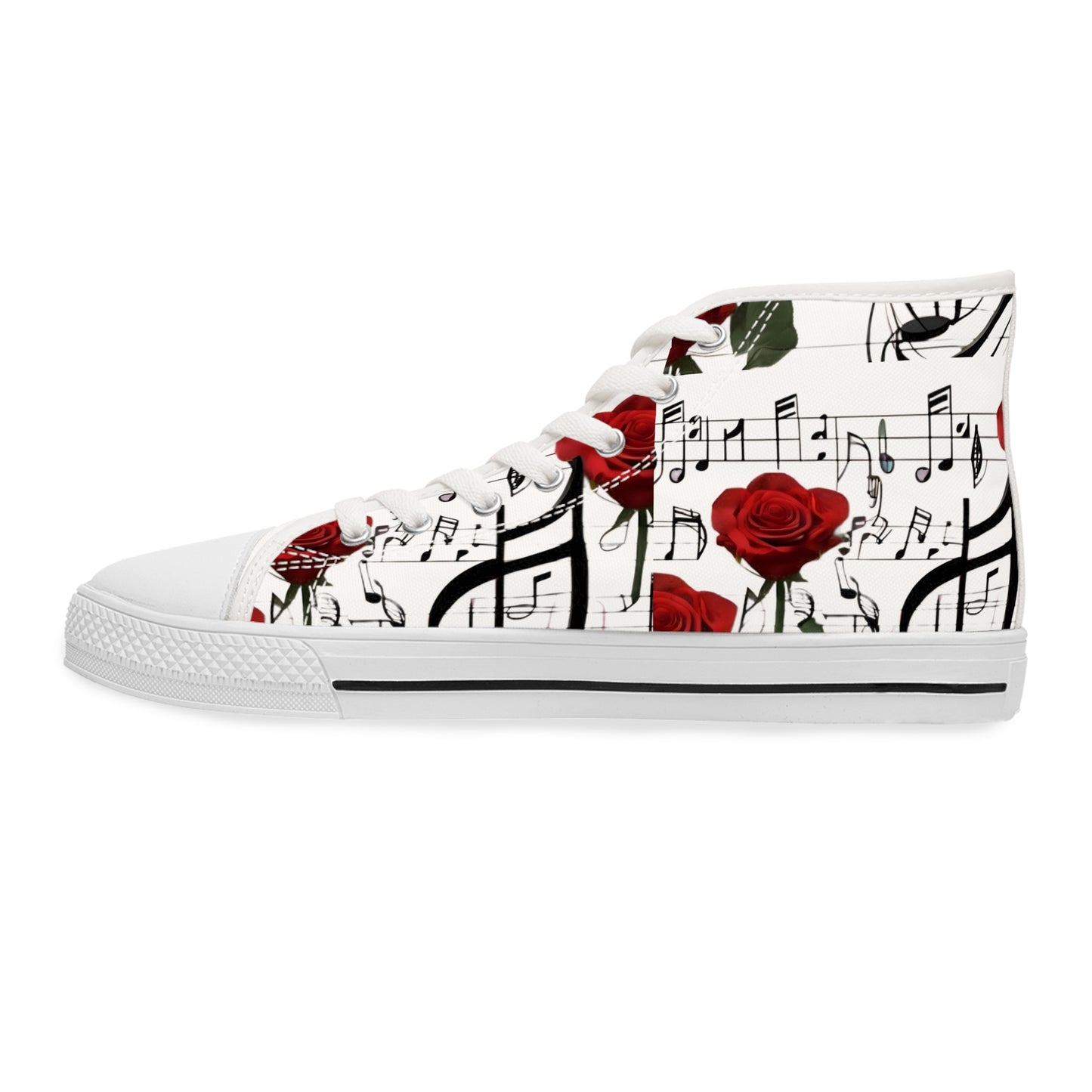 R&RH Elegant Music Note High Top White Sneakers with Rose Design