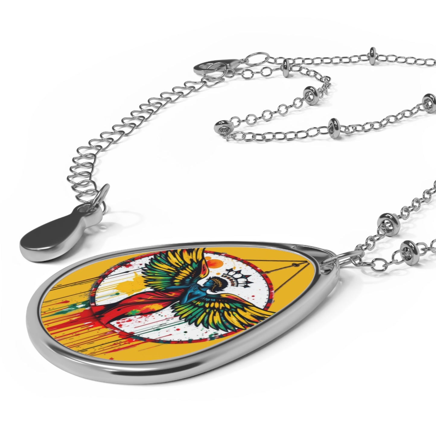 R&RH Artistic Mustard Yellow Oval Necklace – Colorful Winged Guardian Pendant