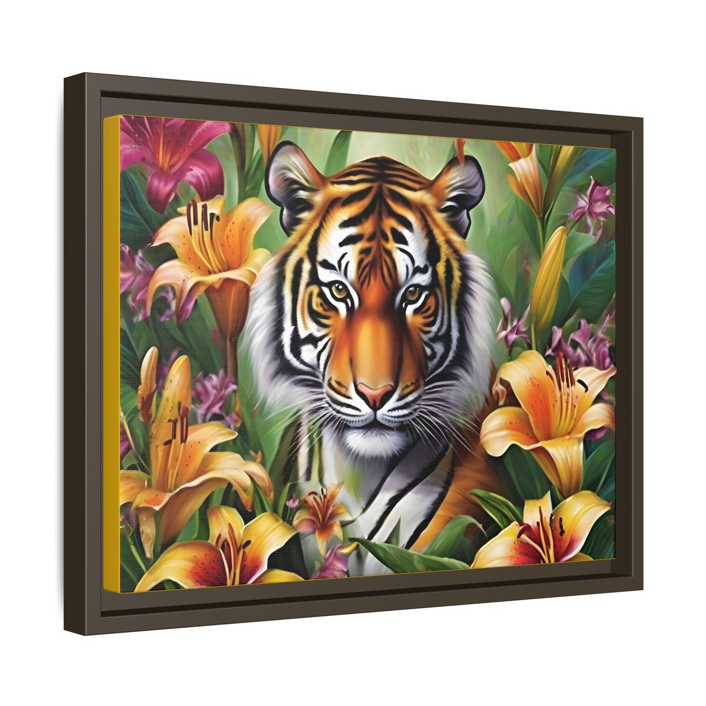 Majestic Tiger Framed Matte Canvas Art - Vibrant Floral Decor