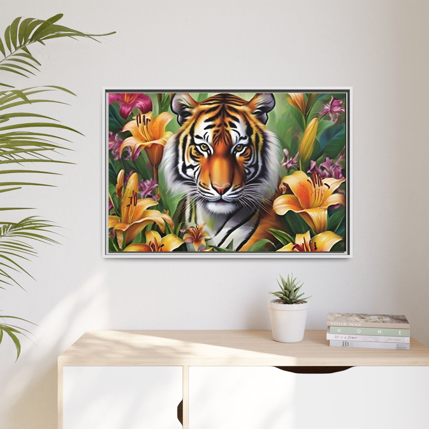 Majestic Tiger Framed Matte Canvas Art - Vibrant Floral Decor