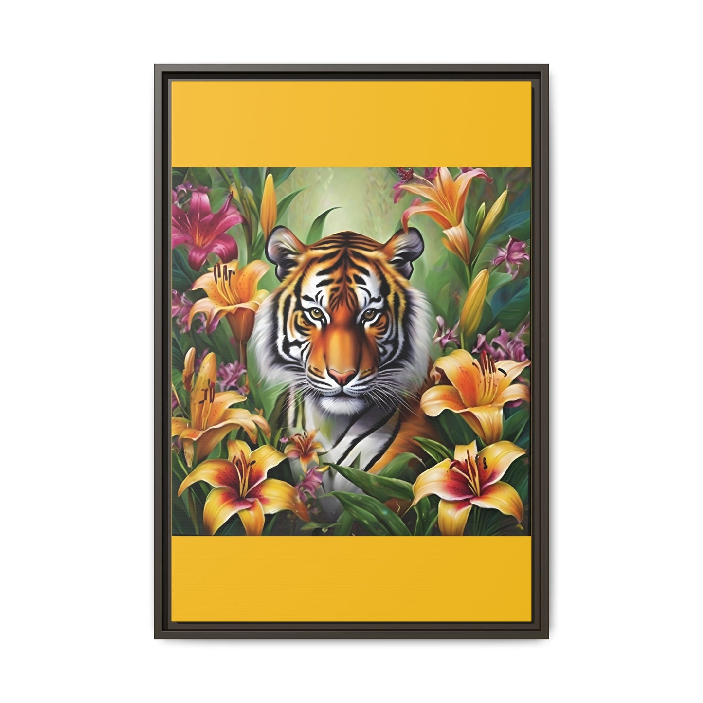 Majestic Tiger Framed Matte Canvas Art - Vibrant Floral Decor